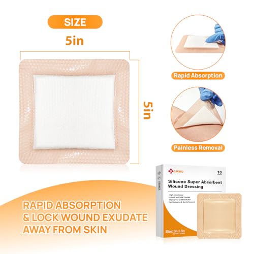 Carbou Silicone Super Absorbent Wound Dressing 5x5 Inches - Pack of 10