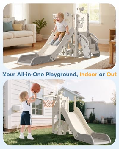 BIERUM 6-in-1 Toddler Playground Slide Set with Basketball Hoop & Telescope, White & Gray