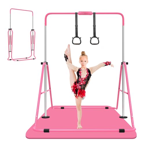 Kids Folding Adjustable Gymnastics Bar - Pink with Mat, Safe & Stable