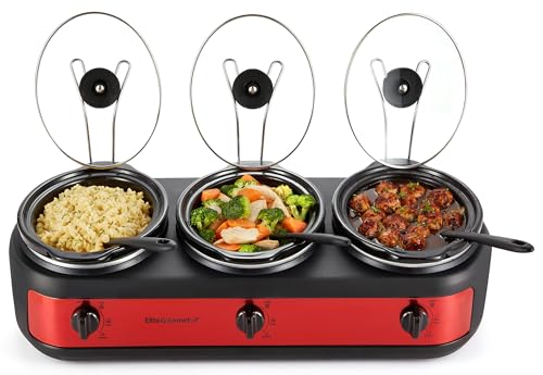 Elite Gourmet Red Triple Slow Cooker Buffet Server, 3 x 2.5 Qt, Multi-Use Kitchen Appliance