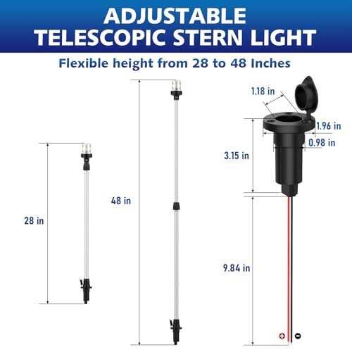 Silver Boat Stern Light with Telescoping Pole 28-48" LED Navigation Light Waterproof