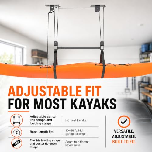 Heavy Duty Kayak Hoist with Garage Pulley System - 150 LBS Capacity, 10-18 ft Ceiling