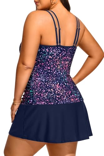 Women Plus Size Tankini with Swim Skirt Tummy Control - 16 Plus Starry Sky
