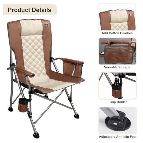 LANMOUNTAIN Moca-Padded Folding Camping Chair with Hard Armrest & Cup Holder, Heavy Duty Support up to 400lbs