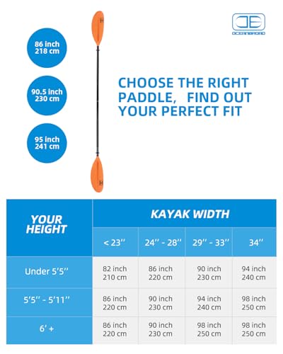 OCEANBROAD 95-inch Orange Kayak Paddle with Leash - Durable Alloy & Fiberglass