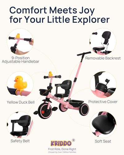 KRIDDO Pink 2-in-1 Parent-Controlled Toddler Tricycle for 1.5-5 Years