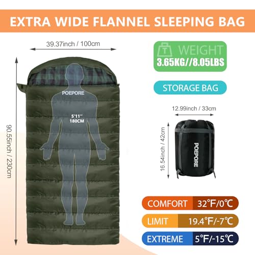 Olive 90" x 39" XXL 0°F Winter Sleeping Bag - Flannel Cotton, Oversized for Adults, Camping & Cold Weather
