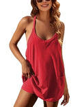 Women’s Red Medium Athletic Romper Dress with Built-in Shorts - Summer Tennis Mini Dress
