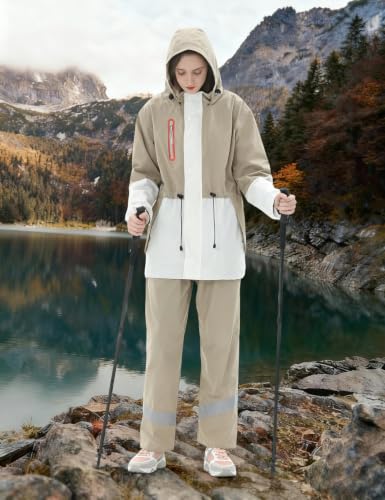 Women’s Waterproof Rain Suit Hooded Rain Jacket and Pants - Medium Khaki