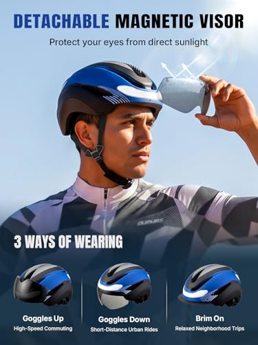 Adult Bike Helmet with LED Turn Signals & Magnetic Goggles - Blue & Black - Removable Visor