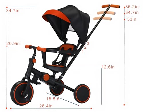 FVOJZQGD Black Foldable Toddler Tricycle with Canopy 8-in-1 Baby Balance Bike