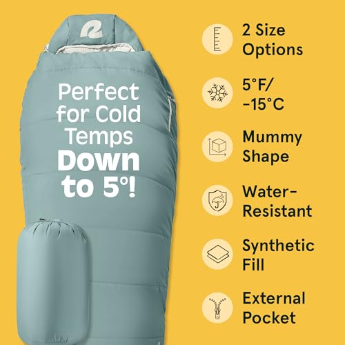 Dream Mummy Sleeping Bag - 5°F Cold Weather Camping & Travel Essential with Water-Resistant Shell & Synthetic Fill - Sprucestone / 5F Regular