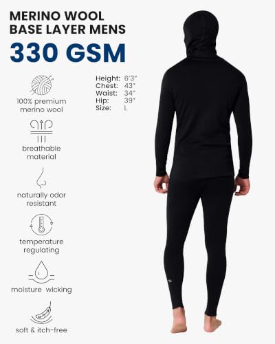Men's Merino Wool Base Layer Set Large Black Thermal Long Underwear with Balaclava