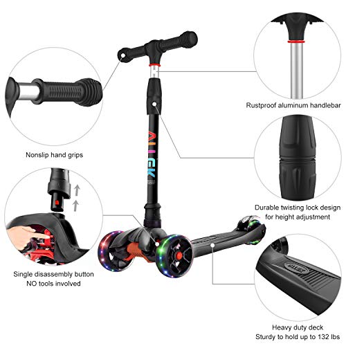 Allek Kick Scooter B02 for Kids - Lean 'N Glide with Light-Up Wide PU Wheels (Black, Adjustable Heights 3-12yrs)