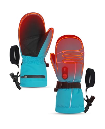 Kids Heated Winter Gloves with Rechargeable Battery, Water Resistant & Windproof, Blue, Large