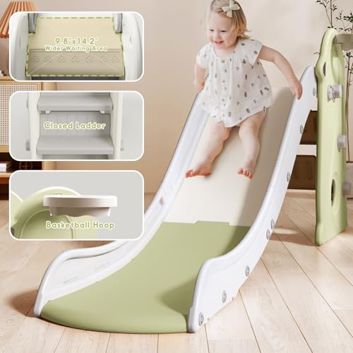 HAPPYMATY Green 3-in-1 Toddler Slide Set with Basketball Hoop & Balls