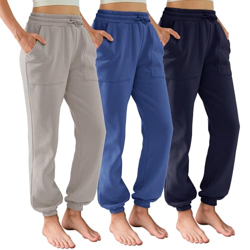 Women’s Cotton Sweatpants 3 Pack Large Navy Blue, Apricot & Deep Blue