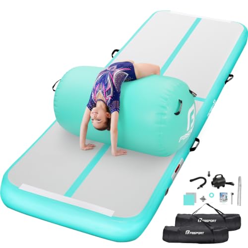 FBSPORT Inflatable Gymnastics Mat & Air Roller Set 10ft x 3.3ft x 4in with Electric Pump for Home & Outdoor Training