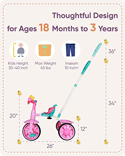 KRIDDO 2-in-1 Toddler Tricycle with Push Handle and Pink Eva Wheel - Ages 1.5-3