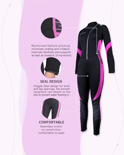 Seaskin 3mm Full Wetsuit for Men Women with Front Zip - Black & Fuchsia, Medium