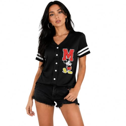 Women's Baseball Jersey - Large Black Mickey Graphic Short Sleeve Button Down