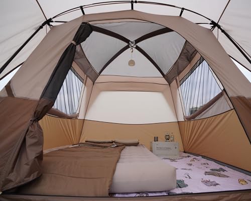 Vidalido Brown 4-Person Waterproof Family Camping Tent with Mesh Doors & Windows