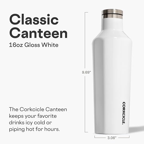 Corkcicle 16 oz Insulated Canteen - Gloss White, Keeps Drinks Cold 25H & Hot 12H
