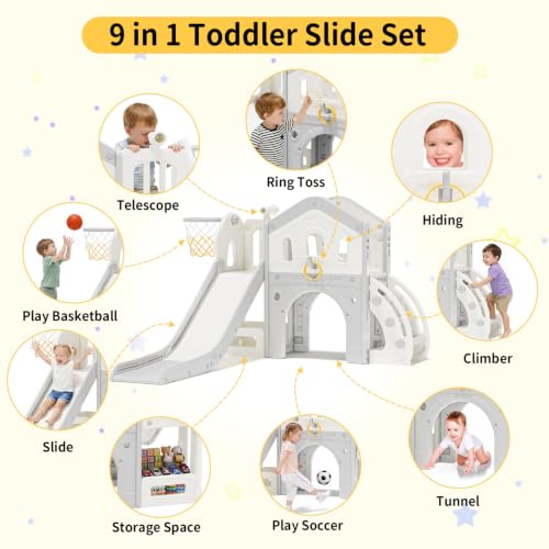 BIERUM 9-in-1 Toddler Slide White Gray Indoor & Outdoor Playset for Ages 1-3