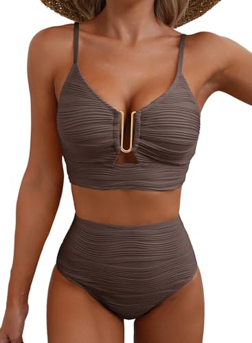 Herseas Women High Waisted U Wired Textured 2-Piece Bikini Set - Medium Deep Brown