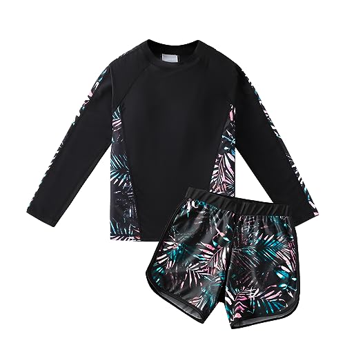 Girls Swimsuit Rash Guard 2-Piece Long Sleeve Bathing Suit with UPF50+ Size 13-14 Years - Coconut Leaf Black