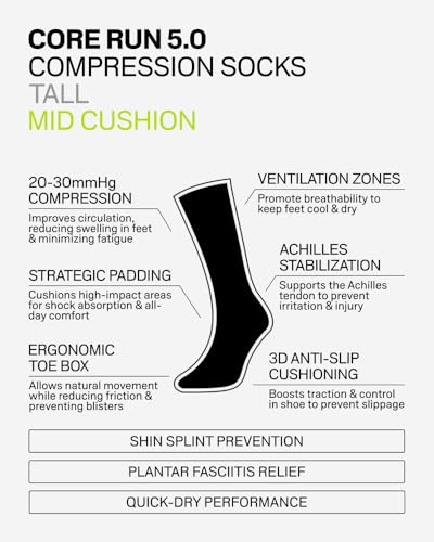Men's Black Compression Socks with Achilles & Shin Support - Large, 20-30mmHg