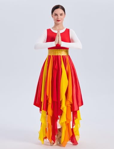 X-Large Red Metallic Praise Dance Dress for Women Rainbow Asymmetric Overlay Tunic Liturgical Worship Costume