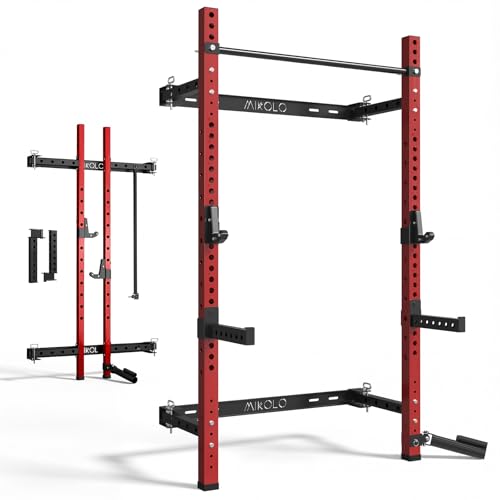 Red Folding Wall Mounted Squat Rack - Space-Saving Power Rack with Pull-Up Bar and Safety Catches