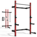 Red Folding Wall Mounted Squat Rack - Space-Saving Power Rack with Pull-Up Bar and Safety Catches