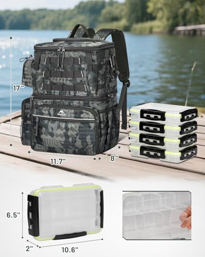 MATEIN Camouflage Fishing Backpack with Cooler, Tackle Boxes & Rod Holder