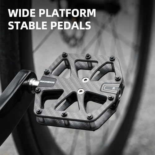ROCKBROS Large Carbon Fiber MTB Pedals - Lightweight Non-Slip Flat Bicycle Pedals with Sealed Bearings