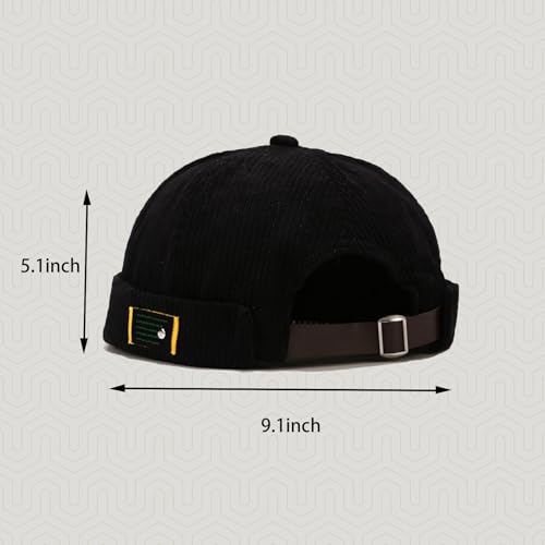 Mens Corduroy Black Skullcap Beanie Hat - Rolled Cuff Retro Sailor Cap
