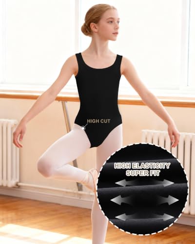 Girls Seamless Sleeveless Ballet Leotard - Large Black Dance Unitard for Gymnastics & Ballet