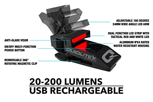 QUIQLITEX2 Tactical Red/White Hands-Free LED Pocket Light, USB Rechargeable, Aluminum Housing