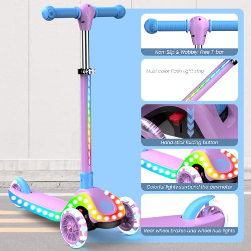 Kids Foldable 3-Wheel Scooter with LED Lights - Purple, Adjustable & Safe Ride