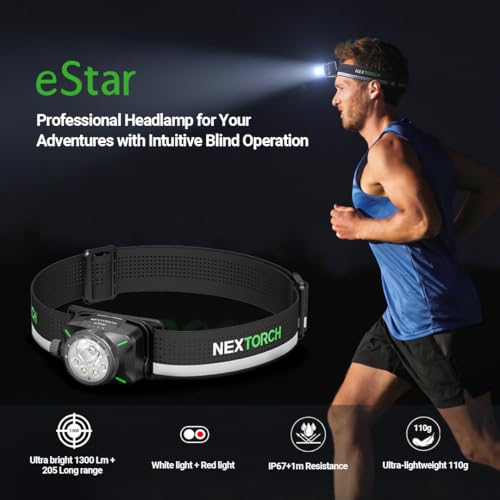 NEXTORCH Estar 1300 Lumens Rechargeable Headlamp with 2 Batteries, Black
