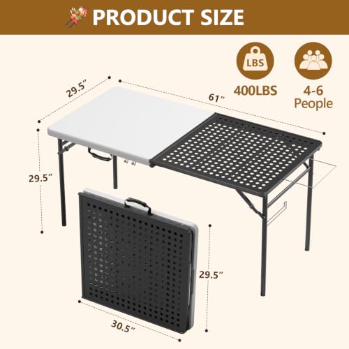 White & Black 5FT Folding Camping BBQ Table with Dual Surfaces & Carry Handle