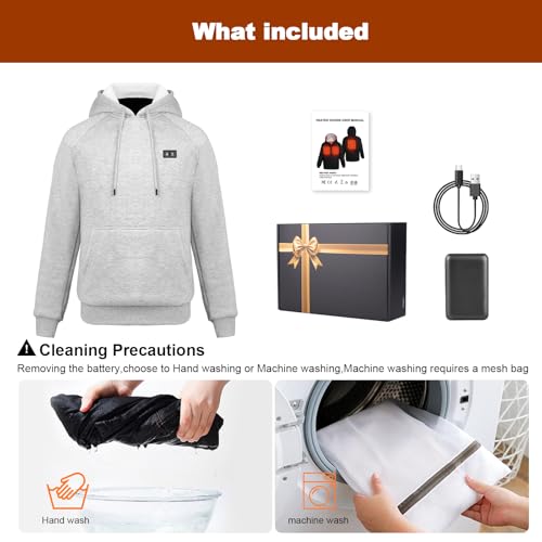 X-Large Gray Heated Hoodie for Men Women with 16000mAh Battery Pack, 6 Heating Zones