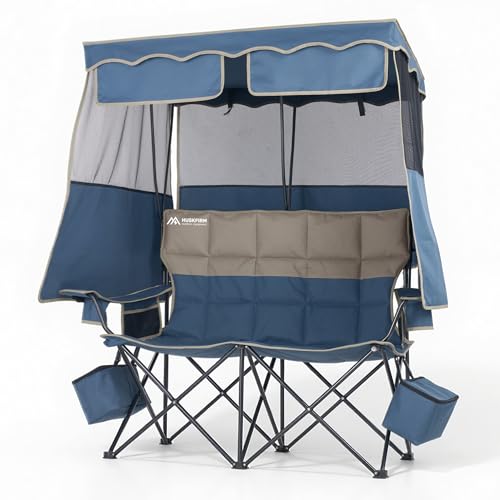 Double Camping Chair with Canopy - Blue, Supports 450LBS, Portable & Comfortable