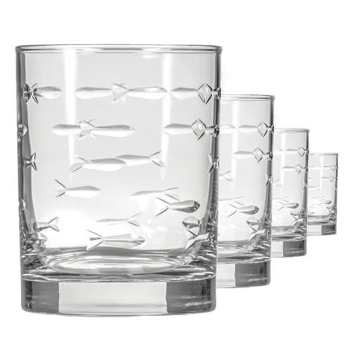 13oz Double Old Fashioned Whiskey Glass Set of 4 - Fish Design, Lead-Free, Engraved, Made in USA