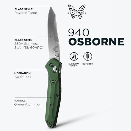 Benchmade Osborne EDC Knife Satin Finish, Green Aluminum Handle, S30V Steel Blade 940