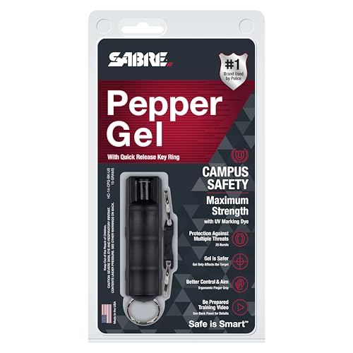 SABRE Campus Safety Pepper Gel with Quick Release Key Ring, Protect Against Multiple Threats with 3X longer spray time, Gel is Safer, Ergonomic Finger Grip