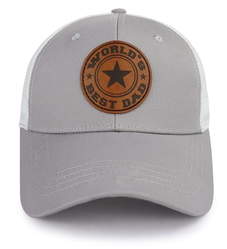 World Best Dad Ever Trucker Hat - Gray One Size with Leather Patch, Dad's Day Cap
