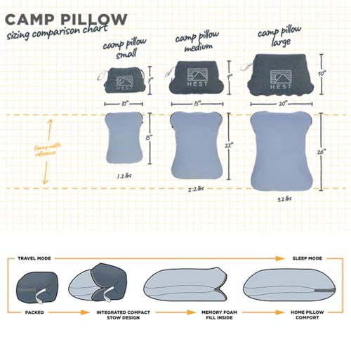 HEST Camp Pillow Medium - 15 x 22 Inch Travel Support Pillow with Memory Foam