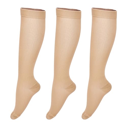 Compression Socks for Men & Women 8-15mmHg Knee-High Support – 3 Pairs, Large X-Large, Beige